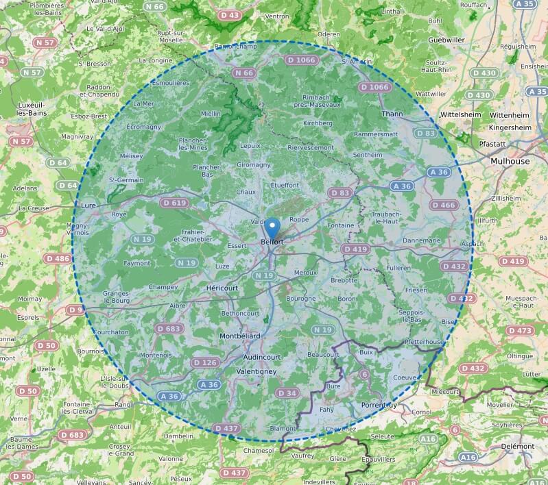 Carte de la zone d'intervention 30 km autour de Belfort